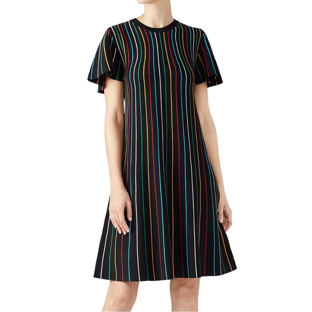 Red Valentino Rainbow Striped Black Knit Shift Dress with Flutter Sleeve